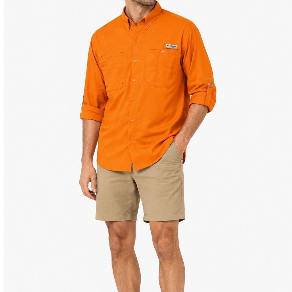 Columbia PFG Fishing Shirt Men Medium Orange Long Sleeve Casual Athleisure